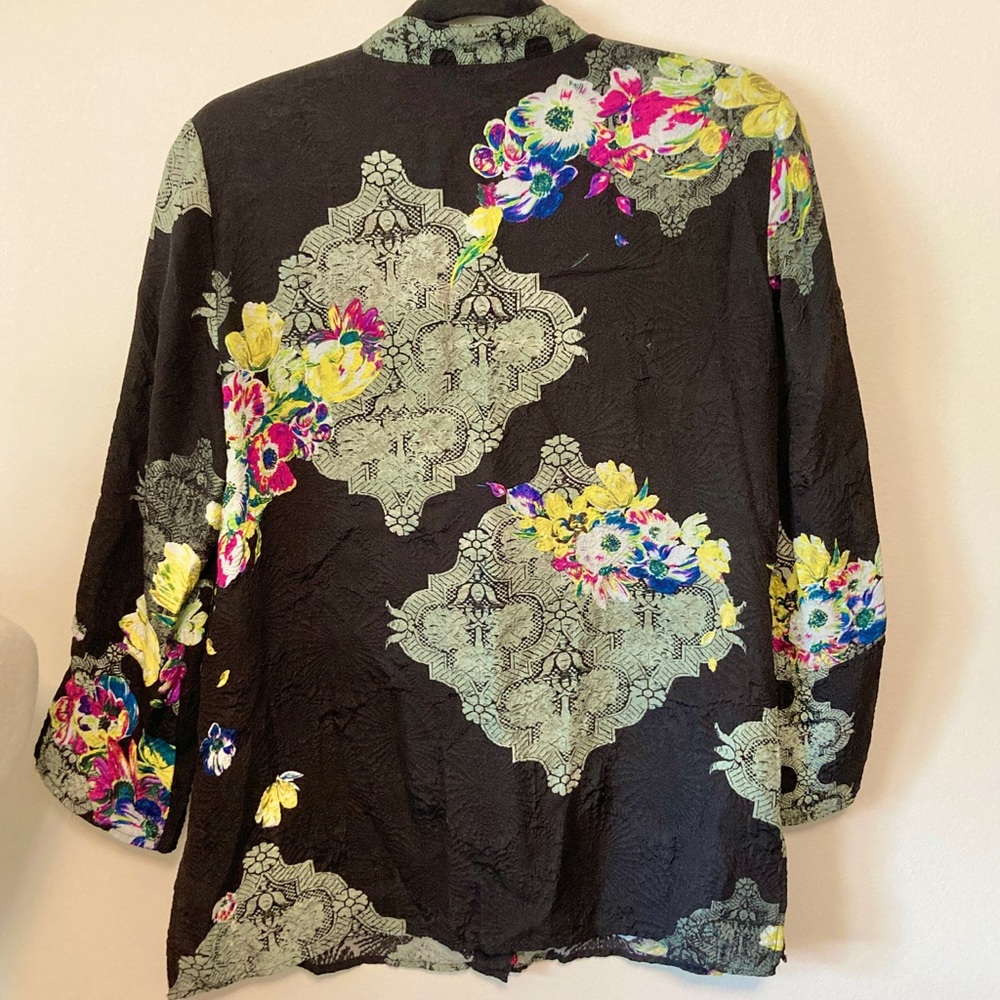 Citron Santa Monica Silk Button Shirt Blouse Medium Black Green Yellow Floral - Picture 5 of 10